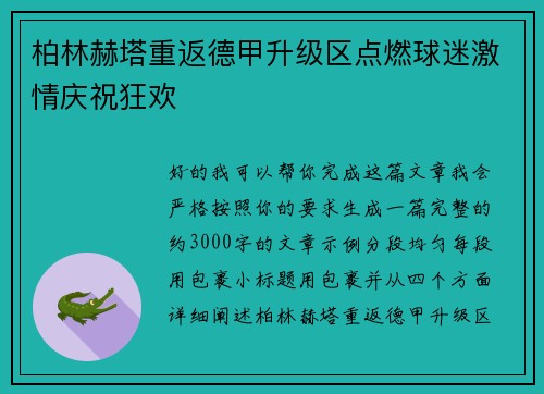 柏林赫塔重返德甲升级区点燃球迷激情庆祝狂欢